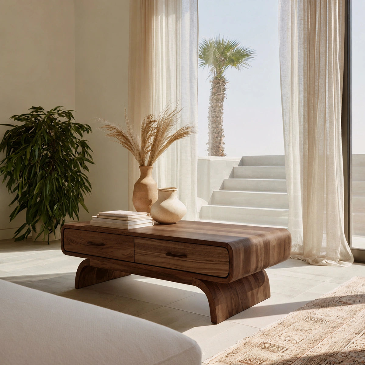 Natural Solid Wood Coffee Table with 2 Drawers – Rounded Japandi Style