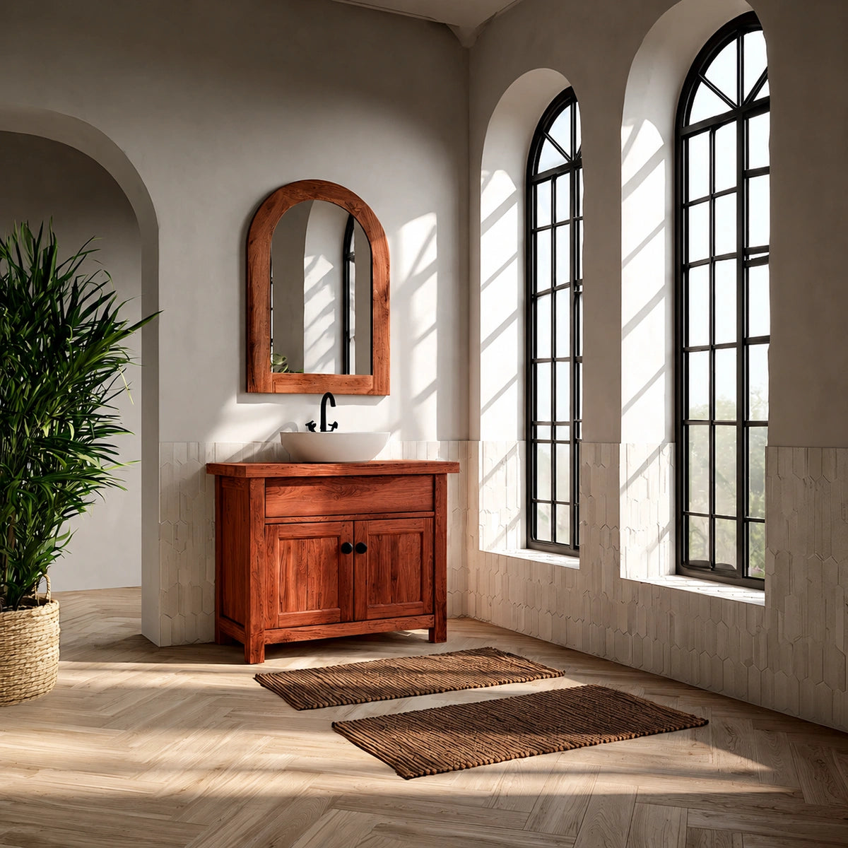 Natural Solid Wood Bathroom Vanity with Drawer and 2 Doors – Rustic Style