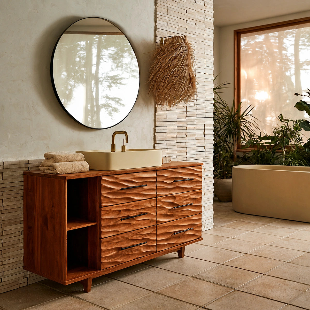 Natural Solid Wood Bathroom Vanity with 6 Drawers and Side Open Shelves