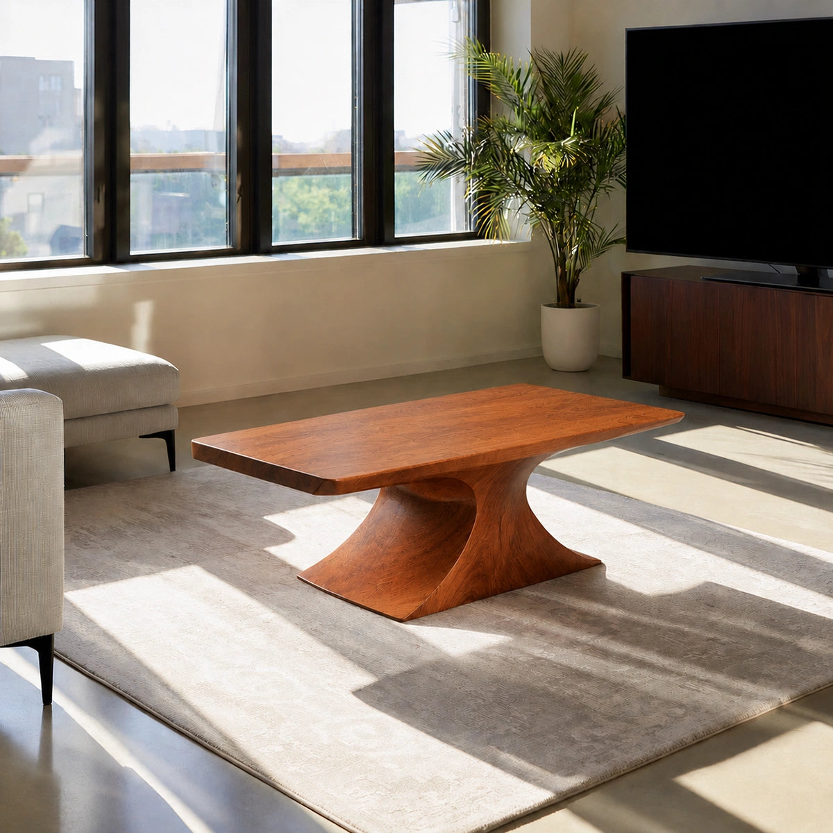 Natural Solid Wood Coffee Table – Sculptural Pedestal Modern Style