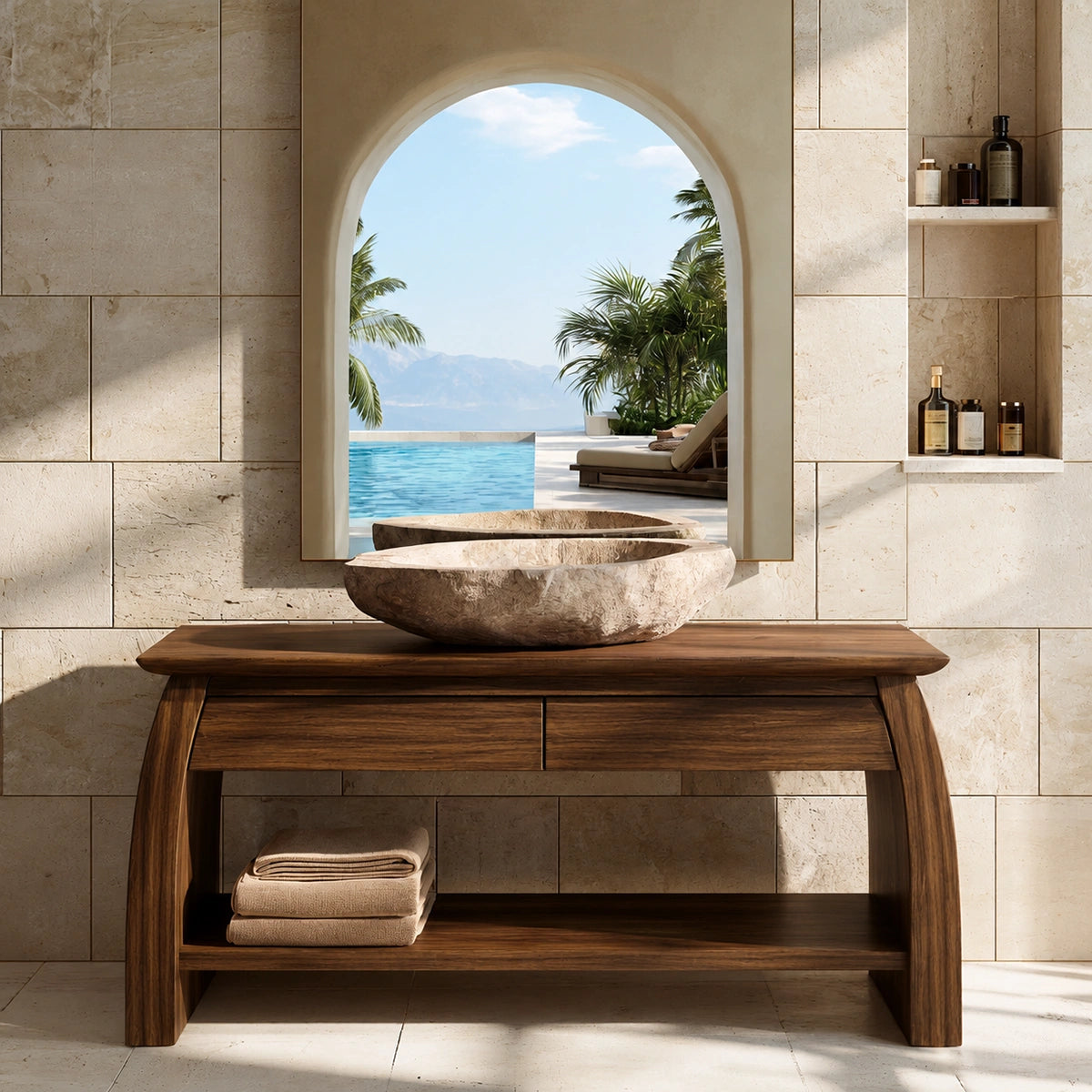 Natural Solid Wood Double Bathroom Vanity with 2 Drawers and Open Shelf
