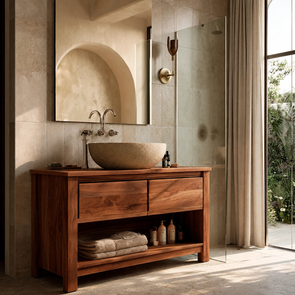 Natural Solid Wood Bathroom Vanity with 2 Drawers and Open Shelf