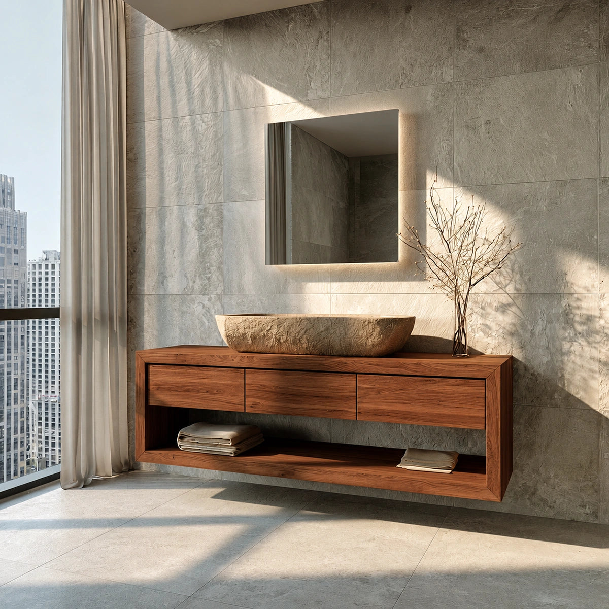 Natural Solid Wood Floating Bathroom Vanity with 3 Drawers and Open Shelf