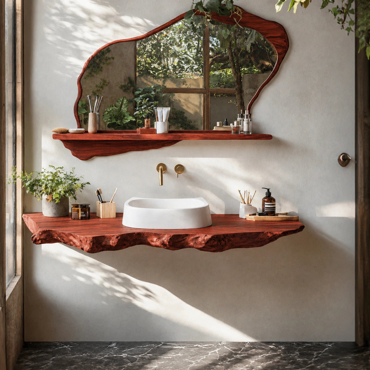 Natural Solid Wood Floating Bathroom Vanity with Sculptural Live Edge Slab