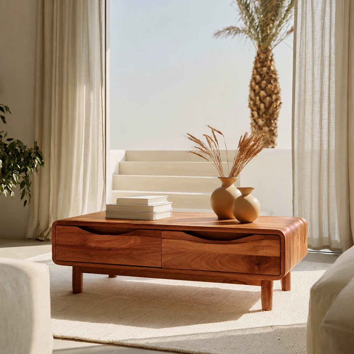 Rounded Natural Solid Wood Coffee Table with Two Storage Drawers