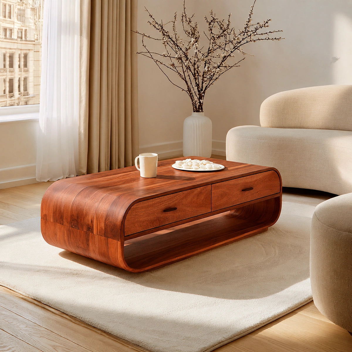 Natural Solid Wood Coffee Table with 2 Drawers – Rounded Modern Style