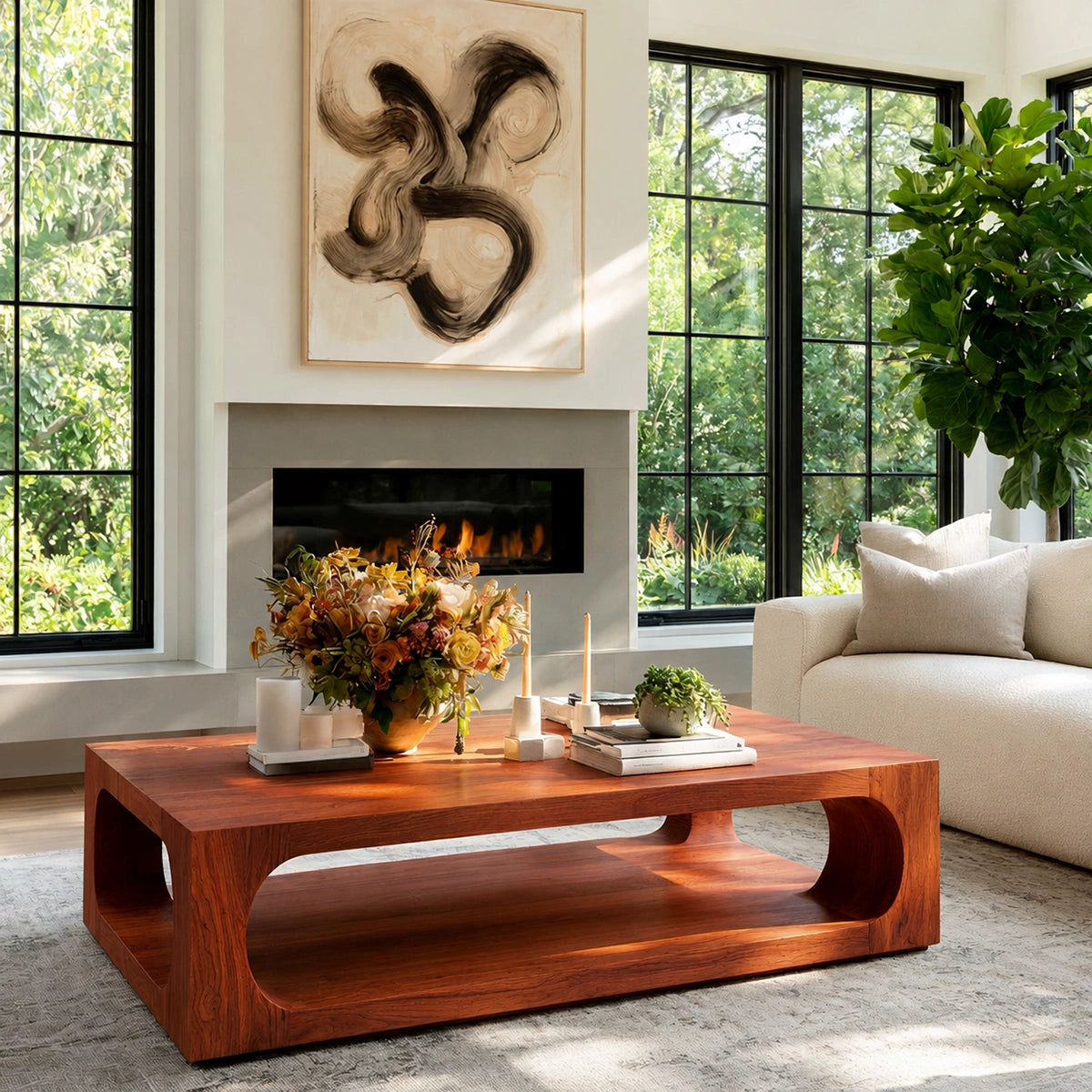 Natural Solid Wood Coffee Table with Open Shelf – Modern Style