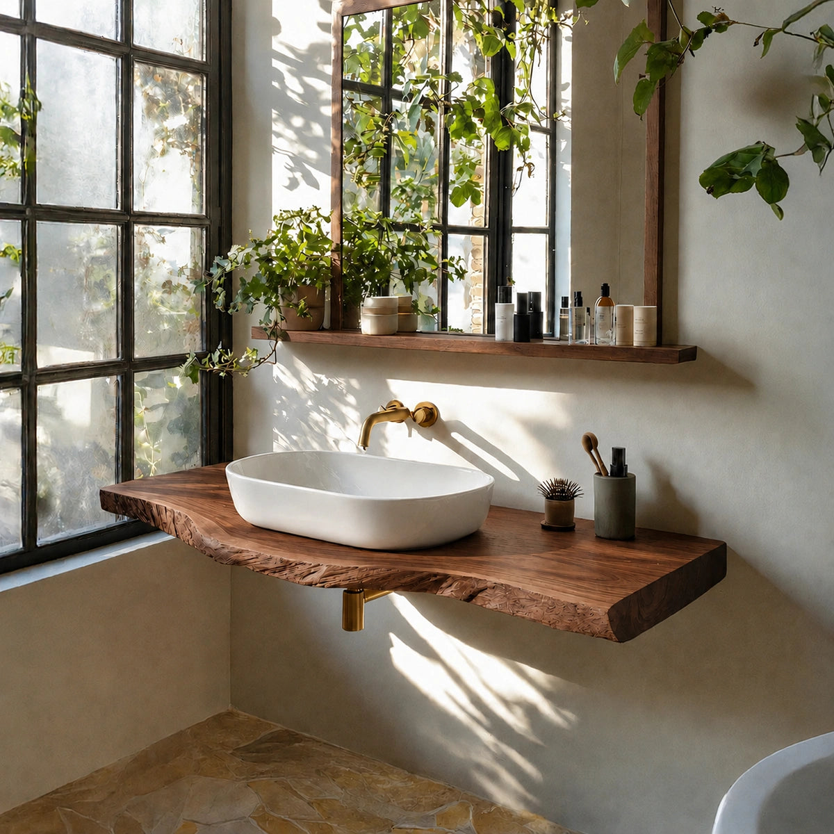 Natural Solid Wood Floating Bathroom Vanity with Sculptural Live Edge Top