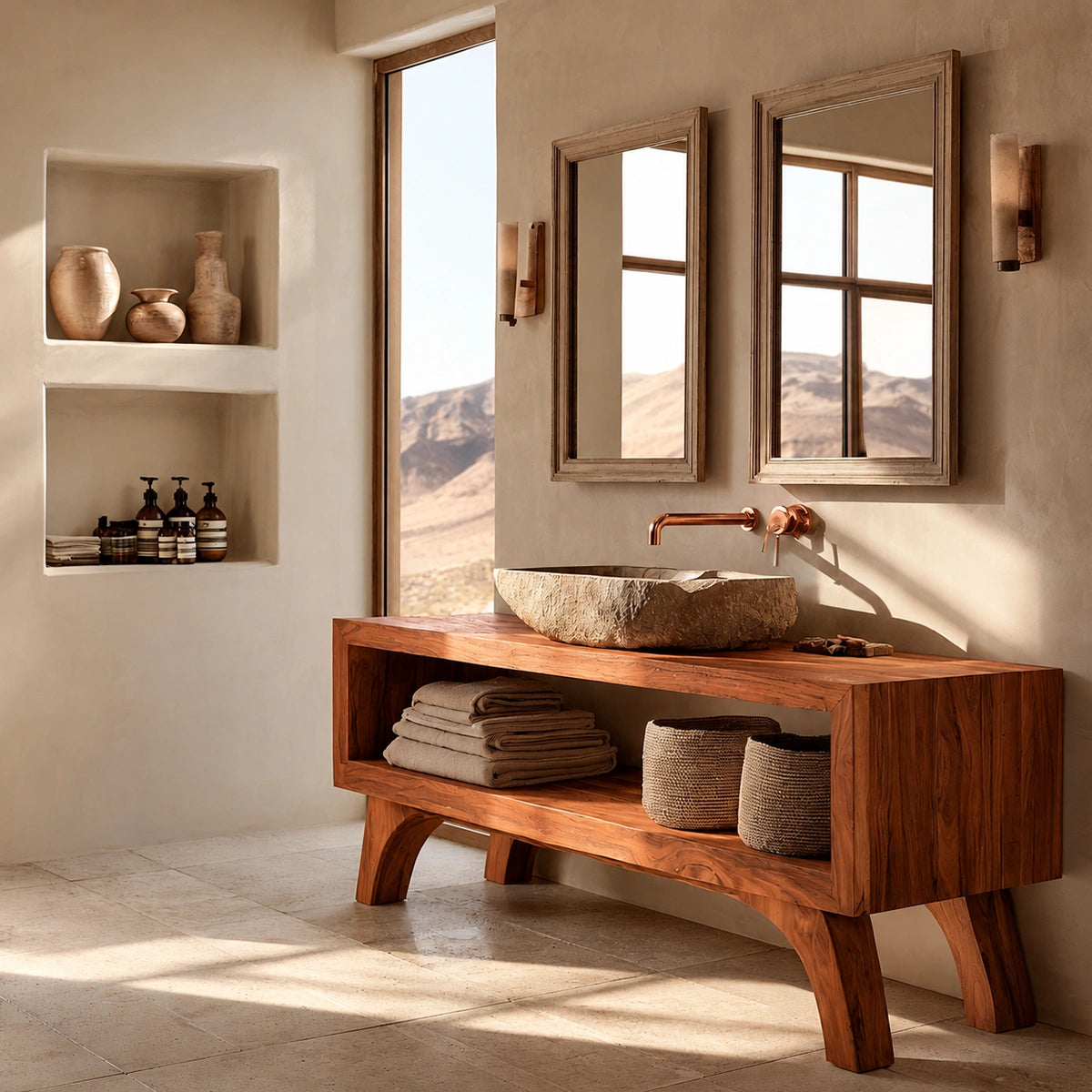 Natural Solid Wood Bathroom Vanity with Open Shelf – Rustic Wabi Sabi Style