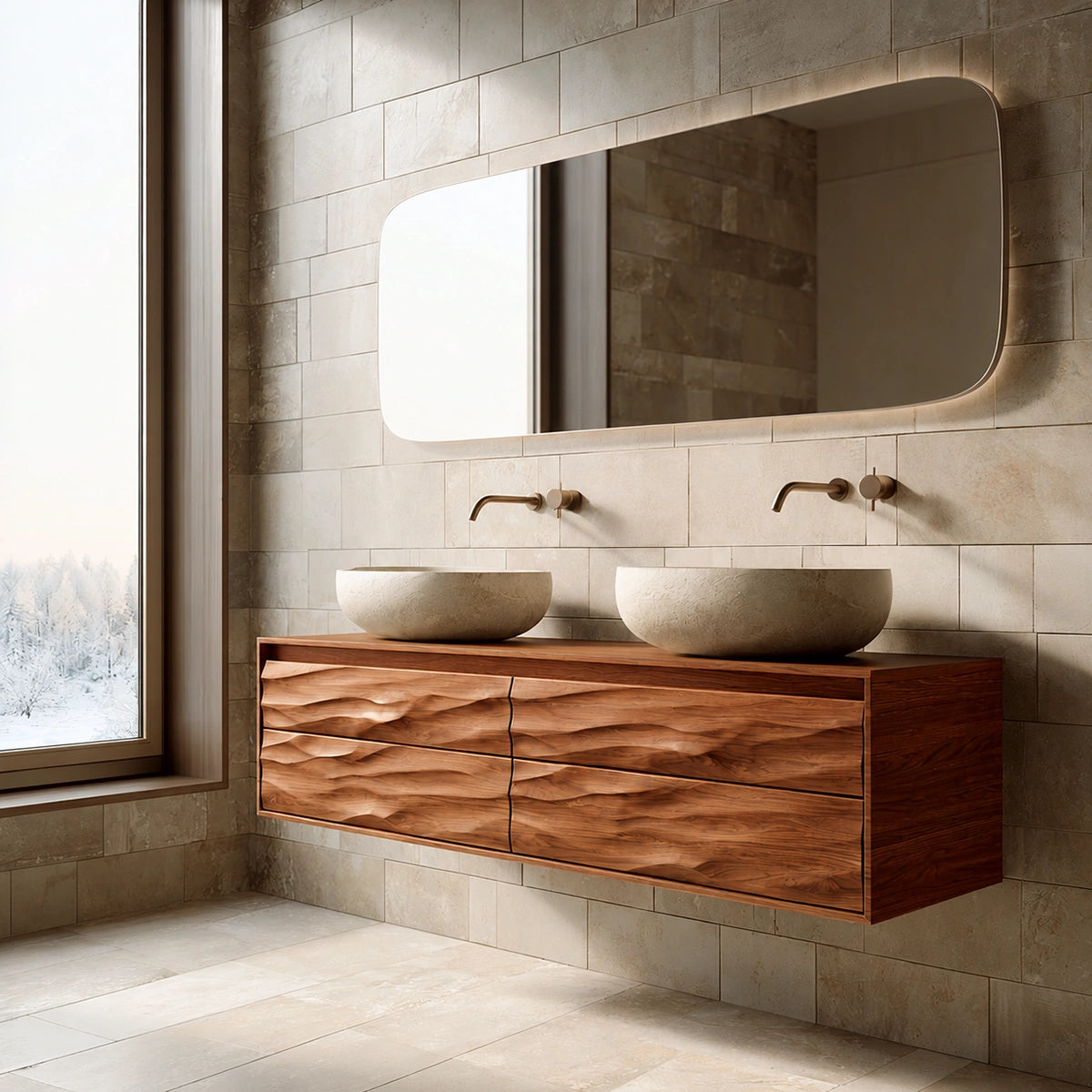 Natural Solid Wood Floating Double Bathroom Vanity with 4 Sculpted Drawers