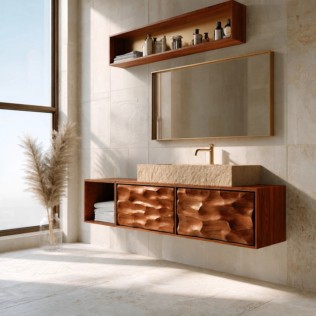 Natural Solid Wood Bathroom Cabinet with Side Shelf and 2 Doors