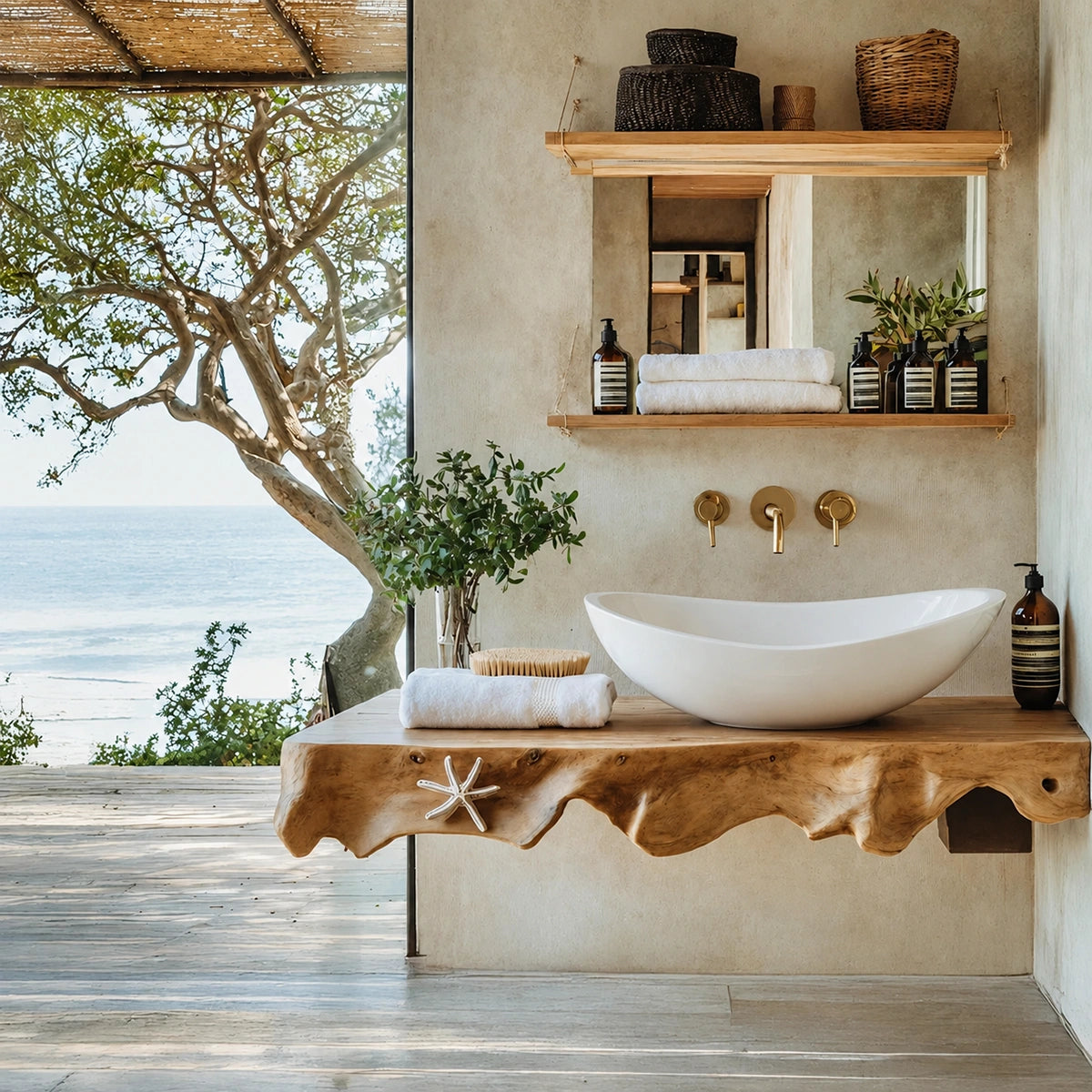 Natural Solid Wood Floating Bathroom Vanity with Sculptural Root Edge Slab