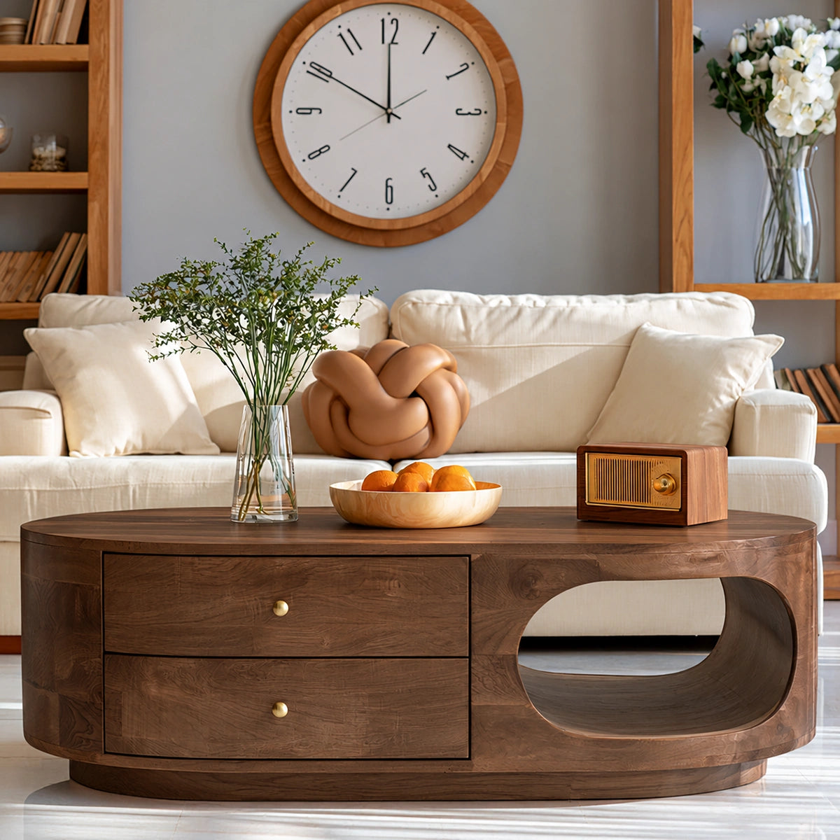 Natural Solid Wood Coffee Table with Drawers – Rounded Modern Style
