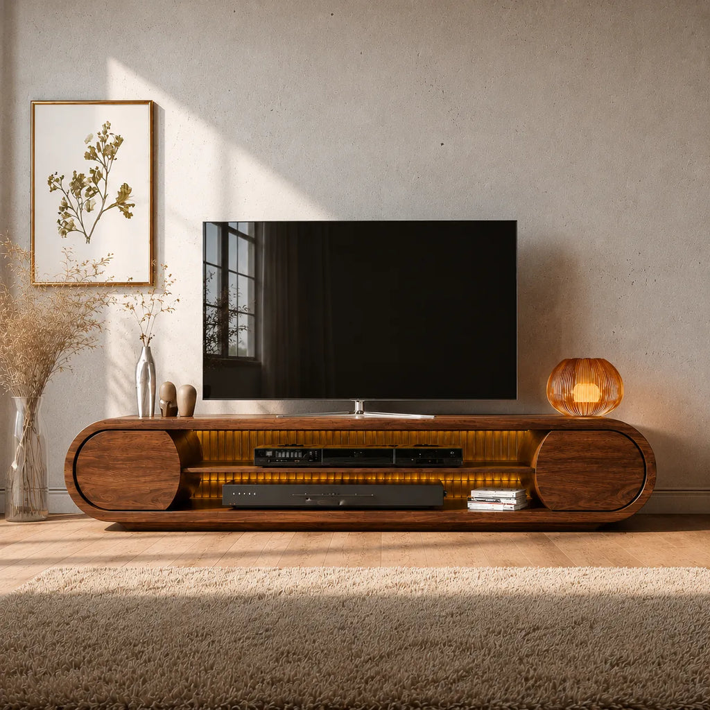 Rounded Modern TV Stand with Open Media Storage and Ambient Lighting