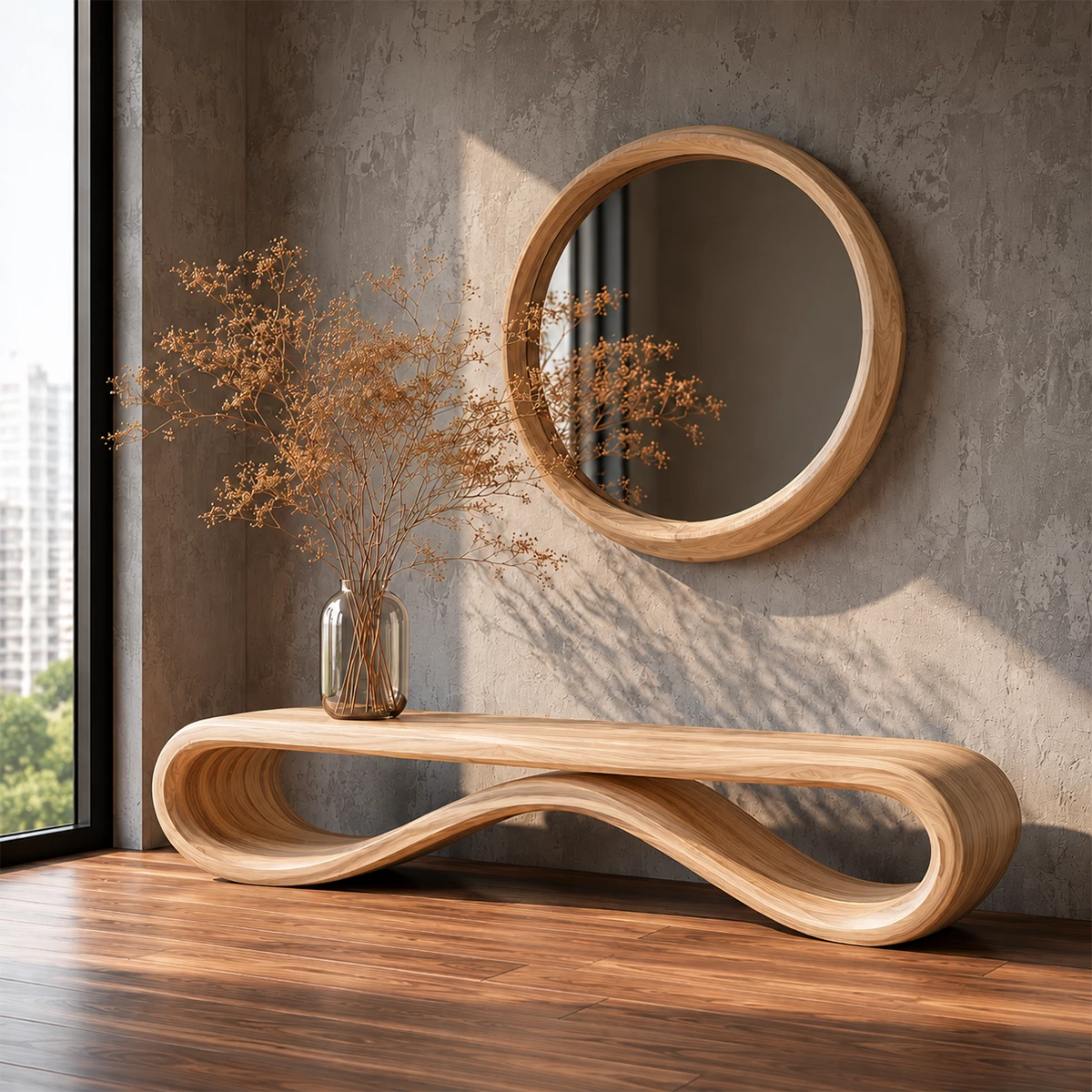 Sculptural Wave Wood Bench – Organic Natural Wood Entryway Bench for Modern Interior