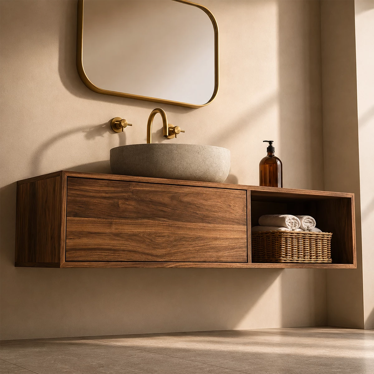 Natural Solid Wood Floating Bathroom Vanity with Concealed Storage and Open Shelf