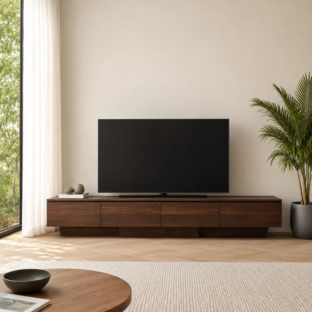 Floating Look Natural Solid Wood TV Stand with Four Door Storage Design