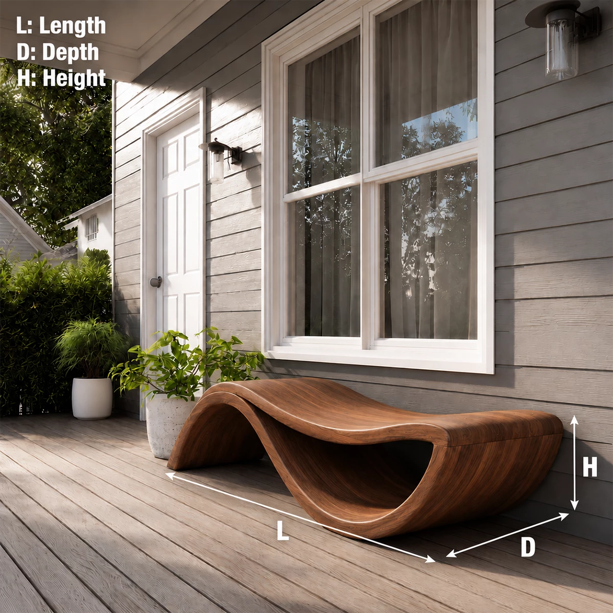 Sculptural Wave Wood Outdoor Chaise Lounge – Natural Wood Patio Lounge Chair