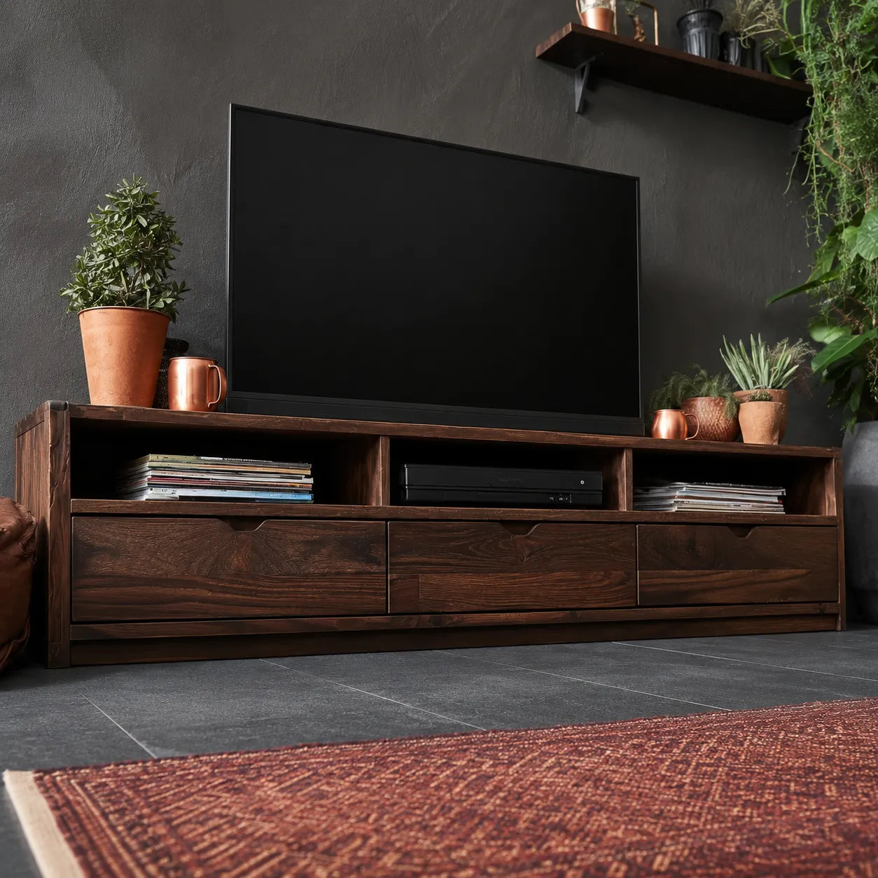 Rustic Natural Solid Wood TV Stand with Open Shelf Media Storage