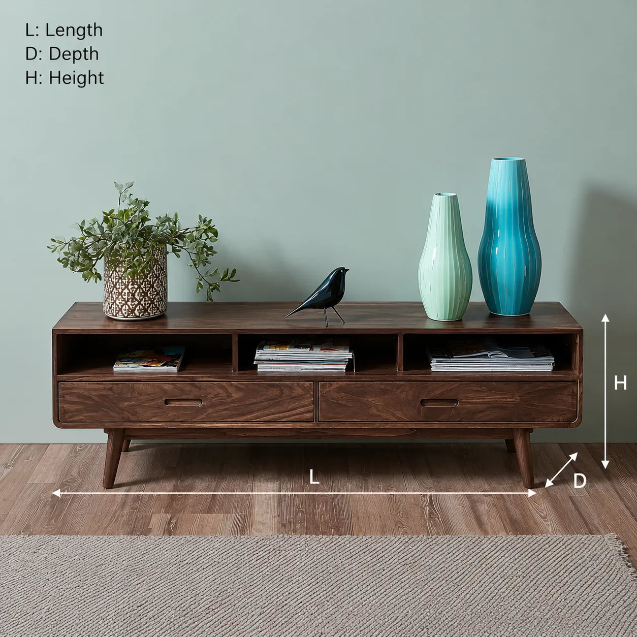 Mid Century Natural Solid Wood TV Stand with Open Shelf Storage