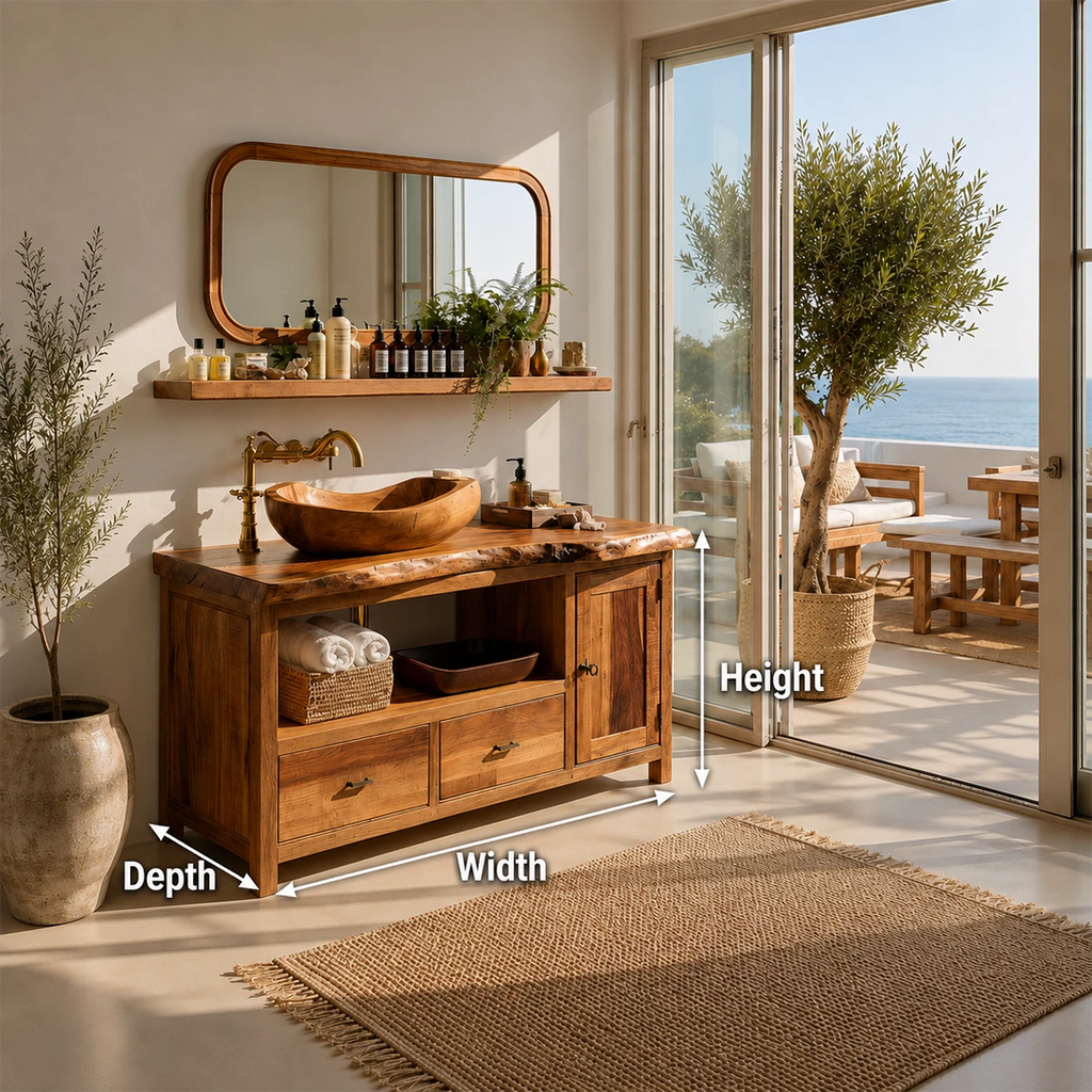 Rustic Solid Wood Bathroom Vanity With Vessel Sink & Open Storage