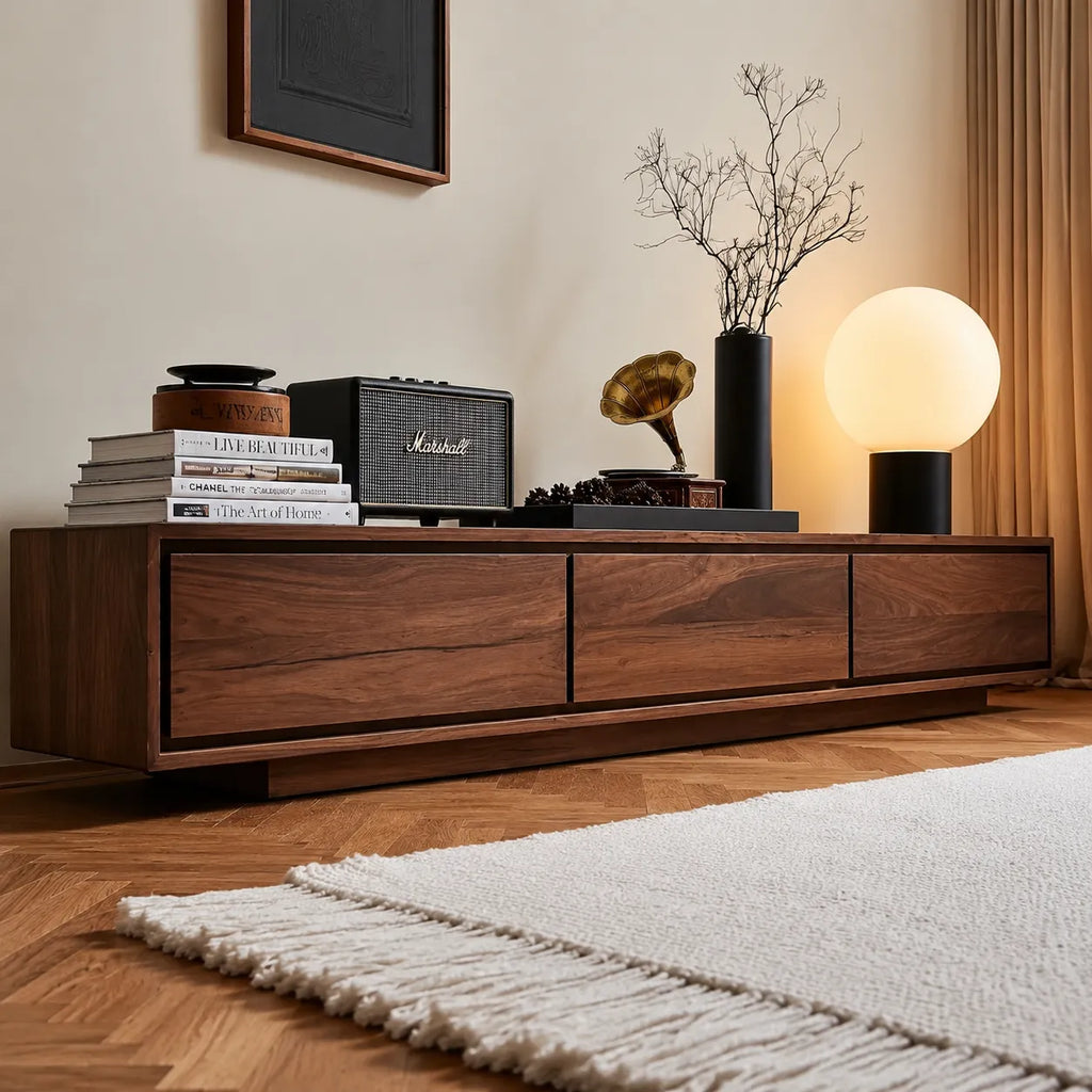 Contemporary Low Profile TV Stand with Seamless Storage Panels