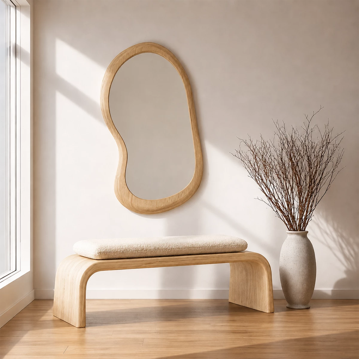 Upholstered Curved Wood Bench – Modern Entryway Bench with Natural Wood Frame