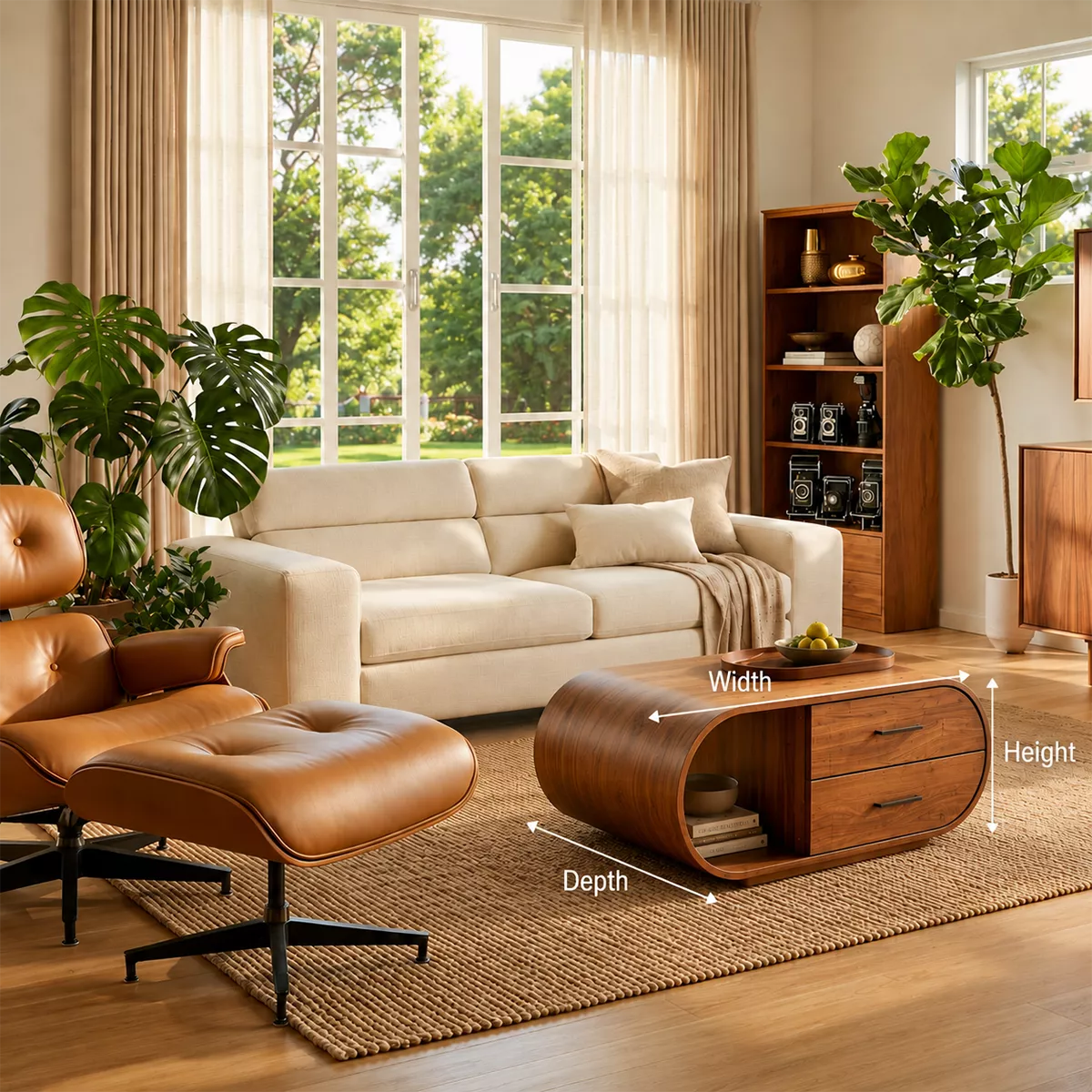 Curved Solid Wood Coffee Table With Drawers And Open Shelf