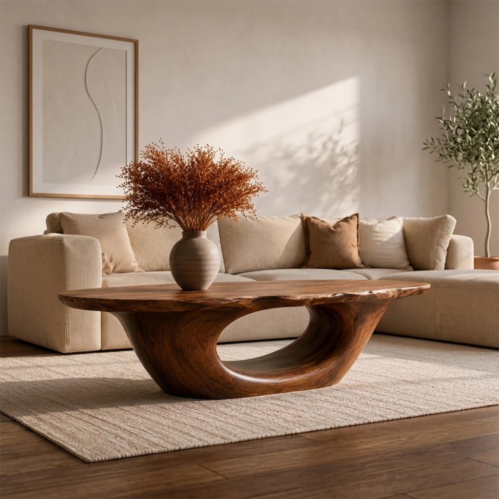 Sculptural Natural Solid Wood Coffee Table for Living Room