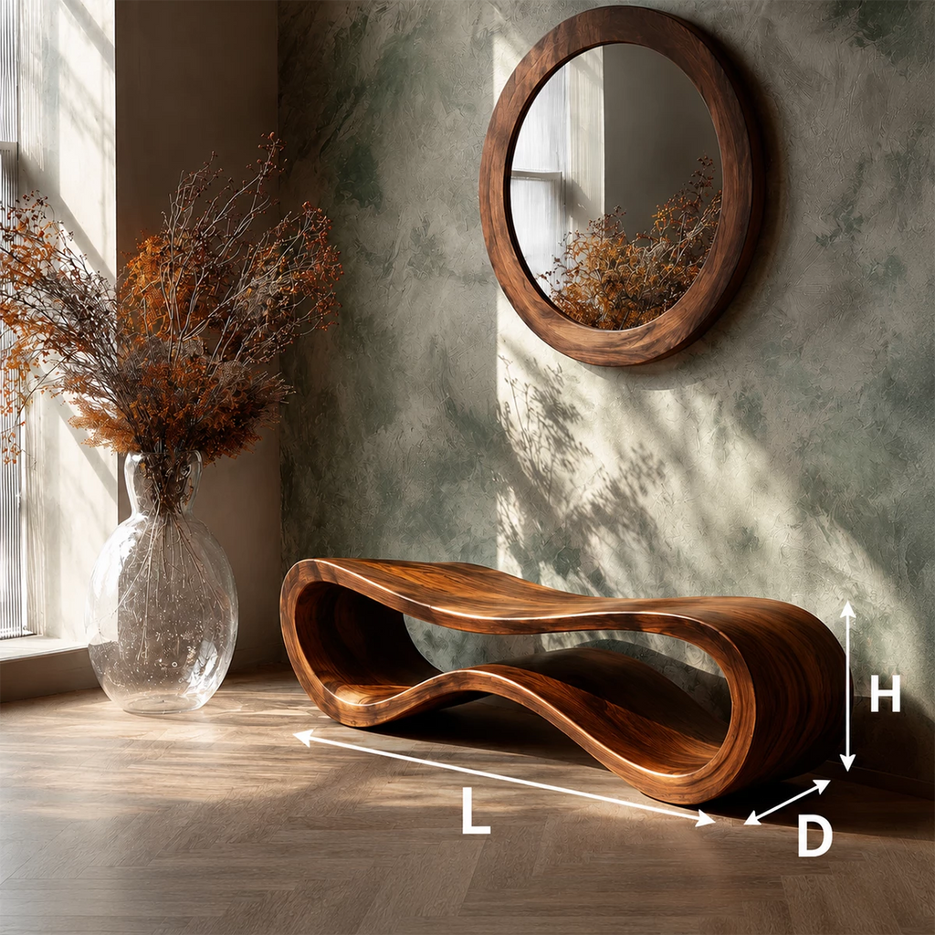 Sculptural Wave Wood Bench – Organic Natural Wood Entryway Bench for Modern Interiors