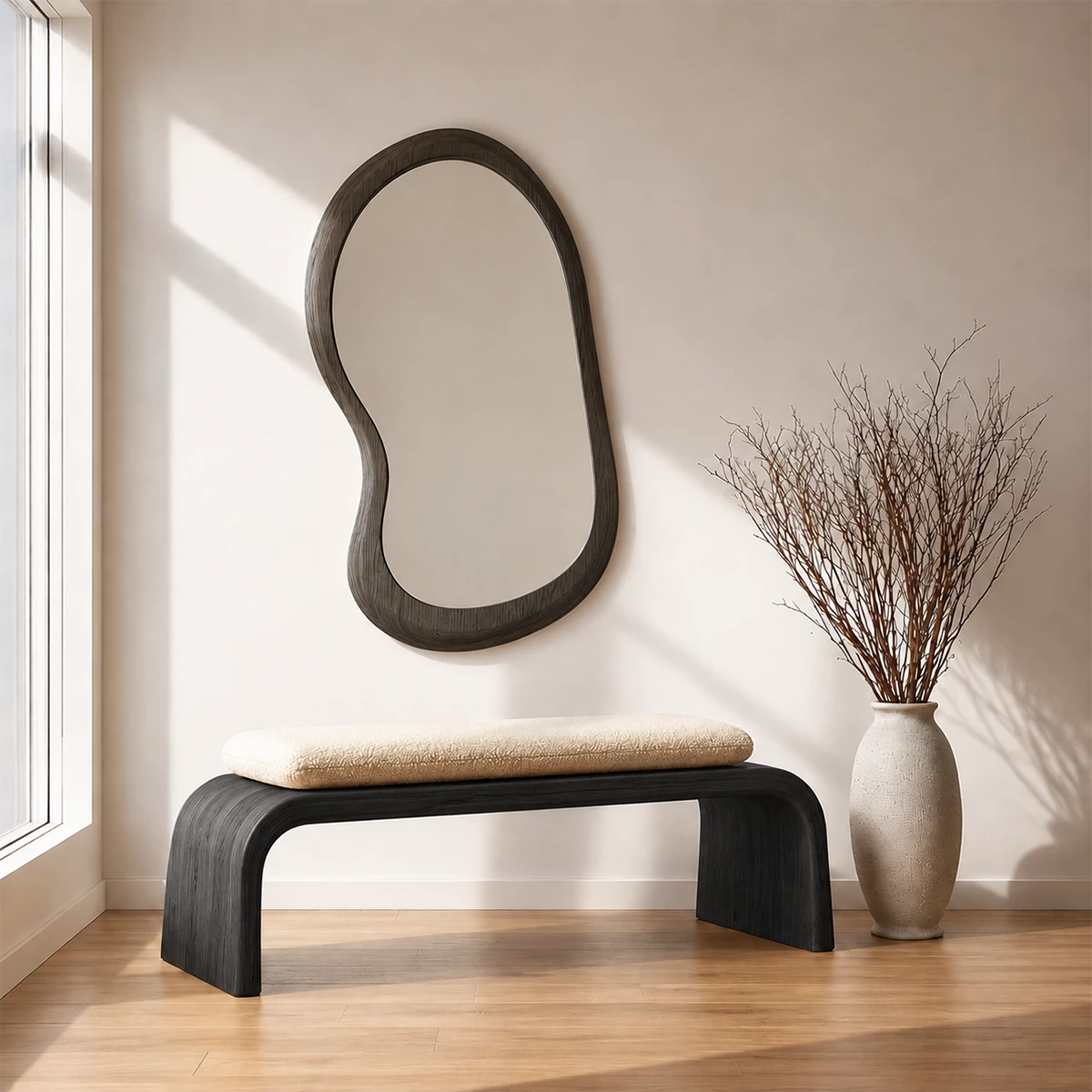 Upholstered Curved Wood Bench – Modern Entryway Bench with Natural Wood Frame