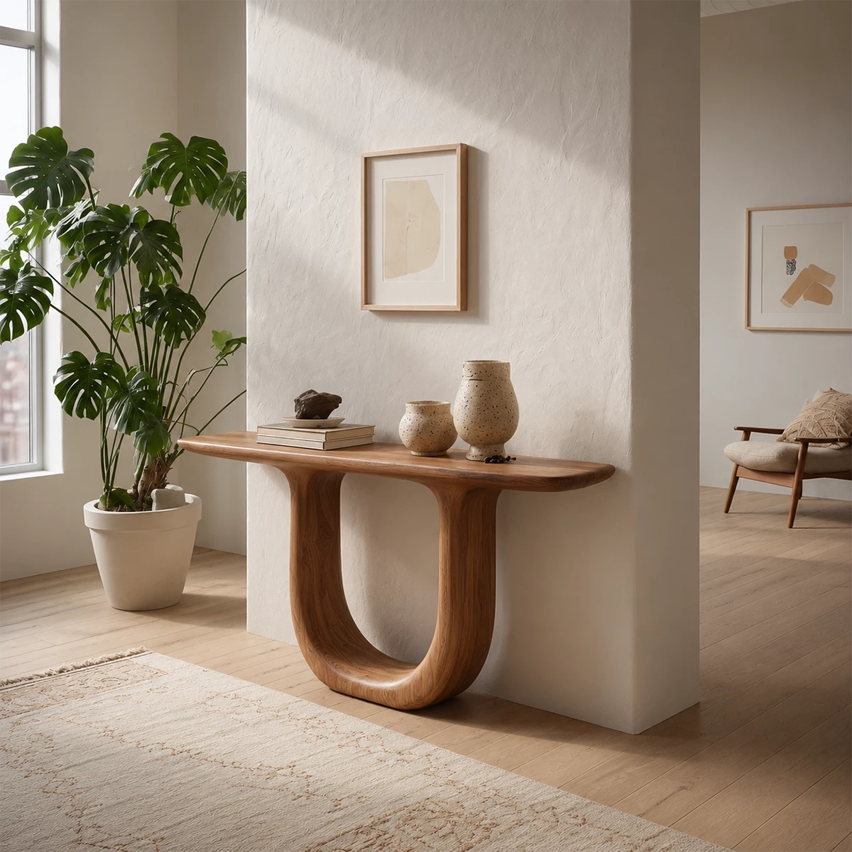 Sculptural U-Shaped Console Table in Natural Solid Wood
