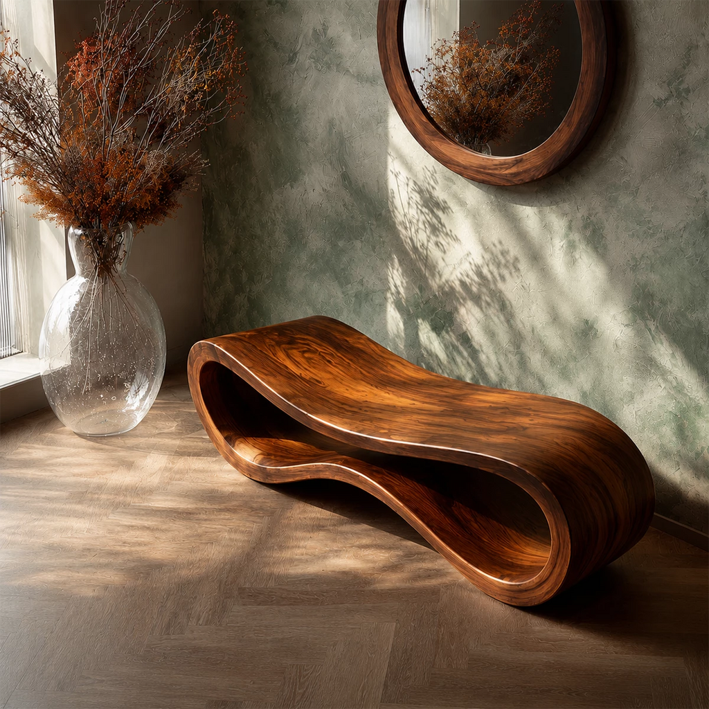 Sculptural Wave Wood Bench – Organic Natural Wood Entryway Bench for Modern Interiors