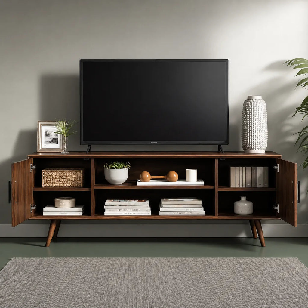 Mid Century Modern TV Stand with Cabinet Storage and Open Shelves