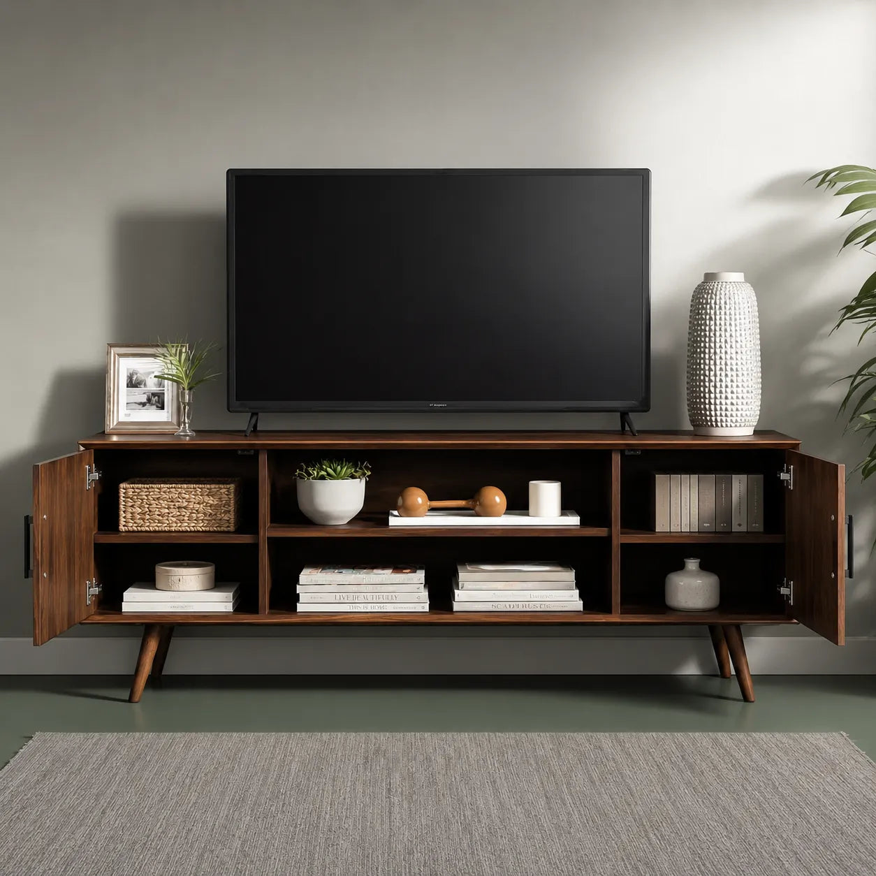 Mid Century Modern TV Stand with Cabinet Storage and Open Shelves