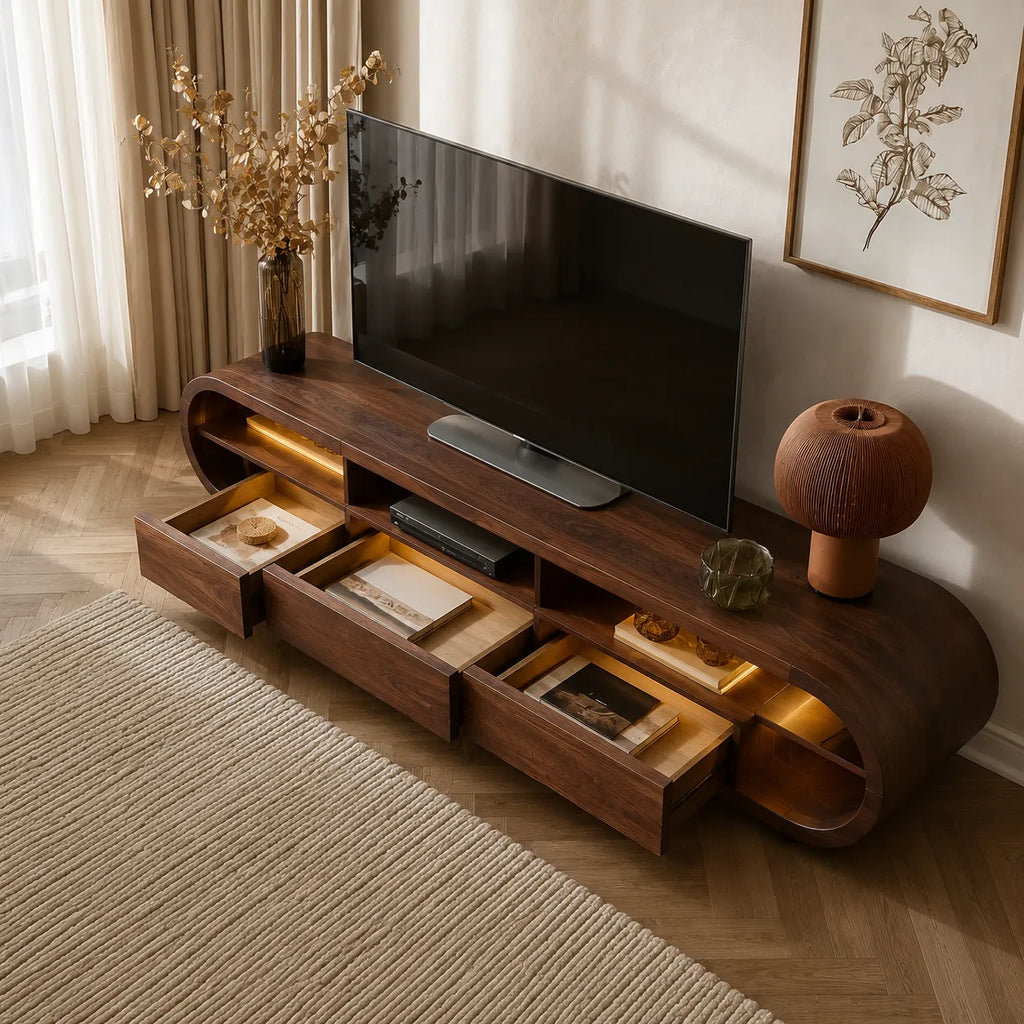 Rounded Edge TV Stand with Open Shelving and Drawer Storage Console