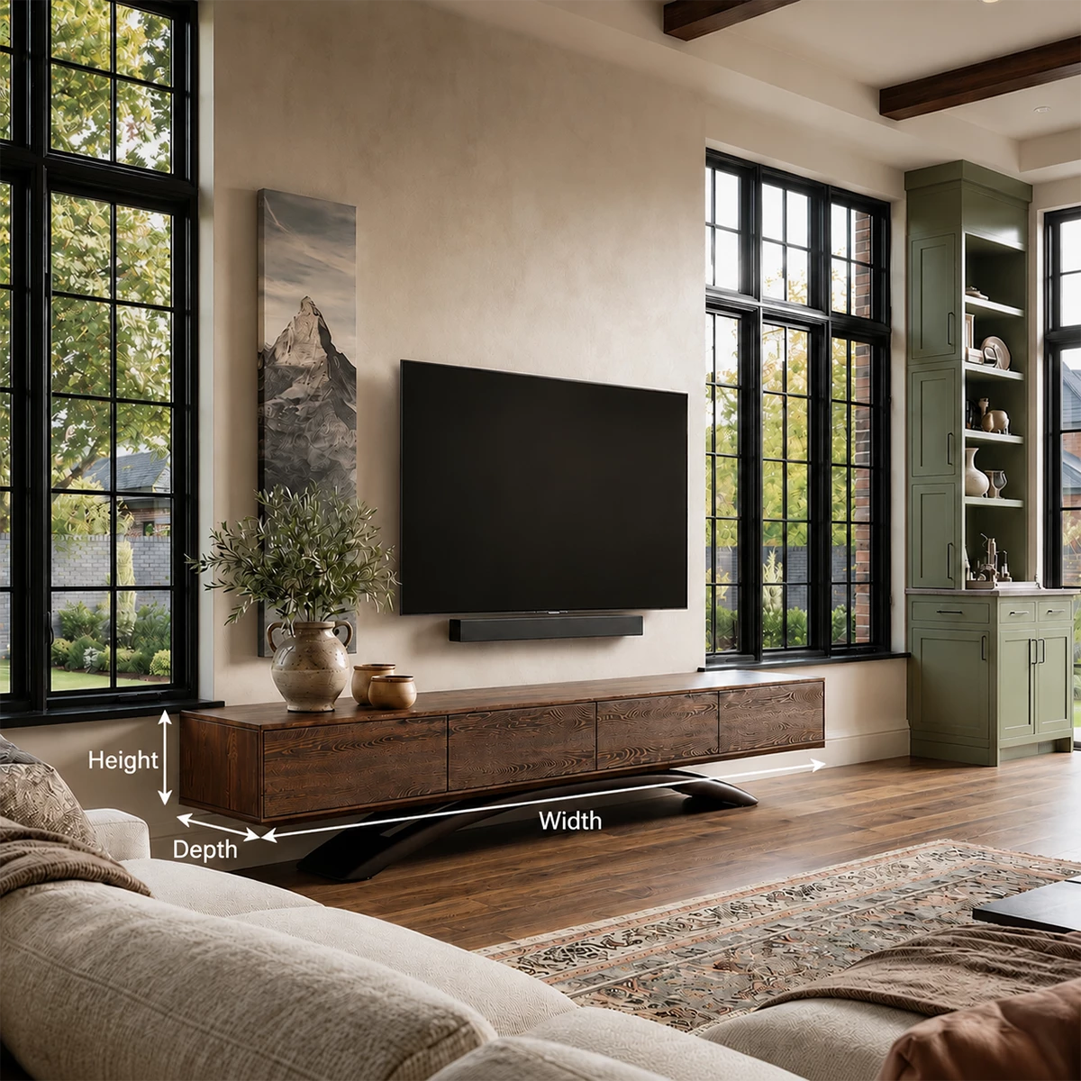 Natural Solid Wood TV Stand with Four Cabinets and Sculptural Crossed Base