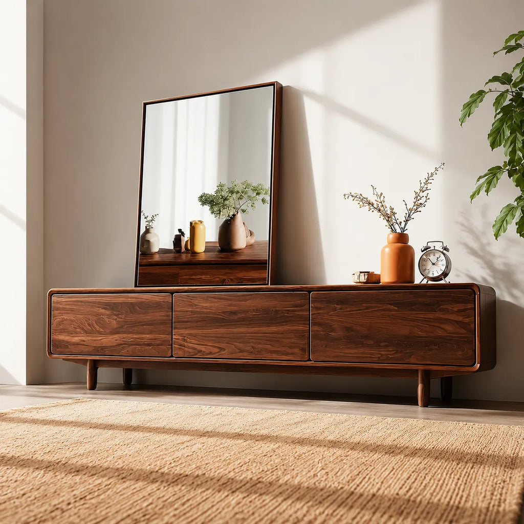 Contemporary Natural Solid Wood TV Stand with Concealed Storage