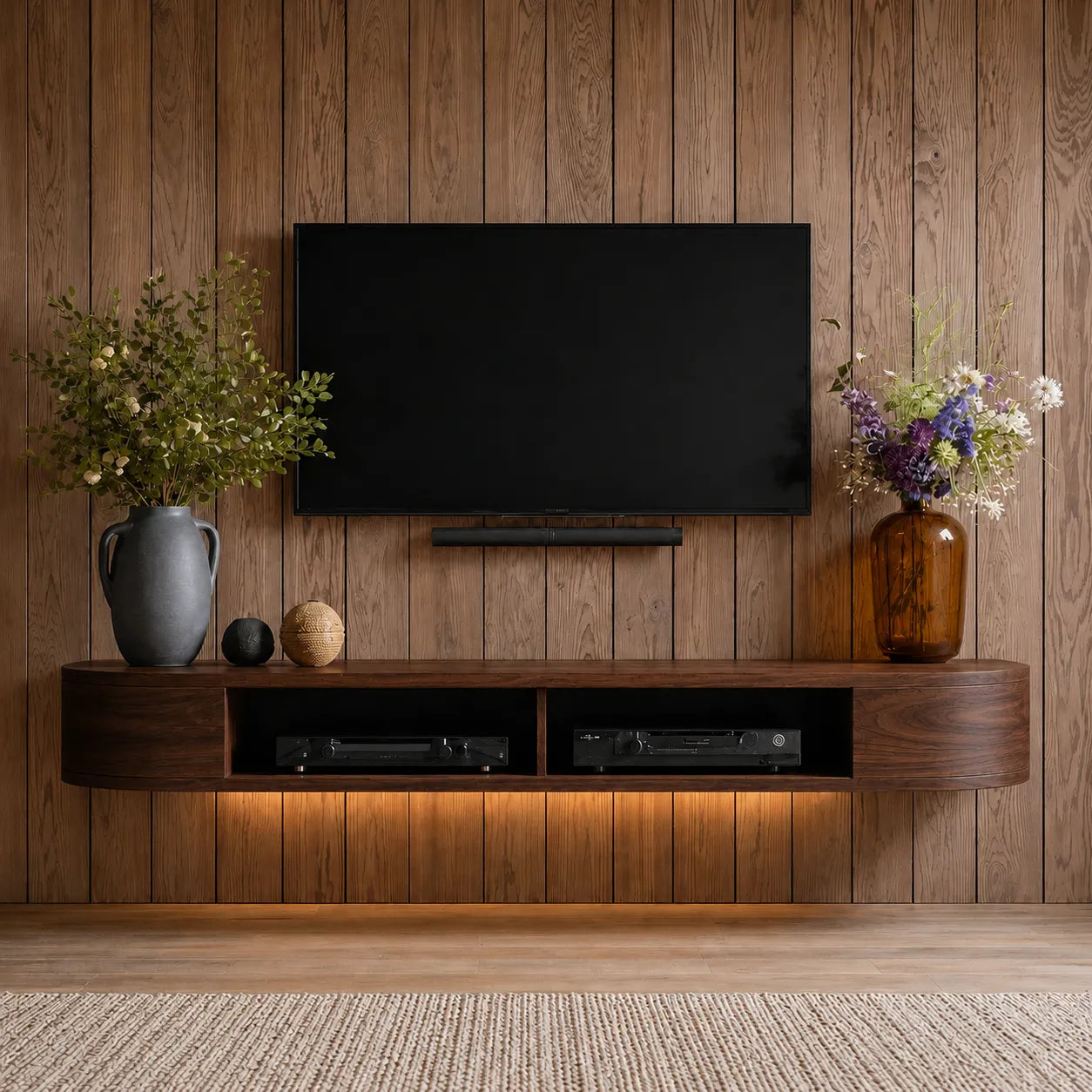 Floating Wall Mounted TV Stand with Rounded Edge Design