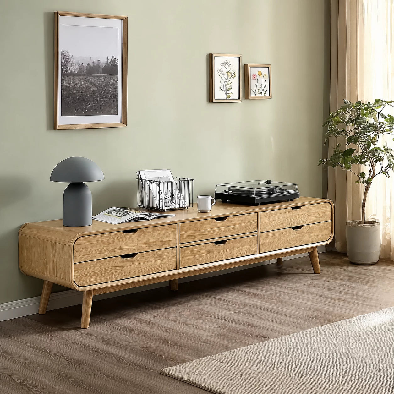 Mid Century Natural Solid Wood TV Stand with Six Drawer Storage