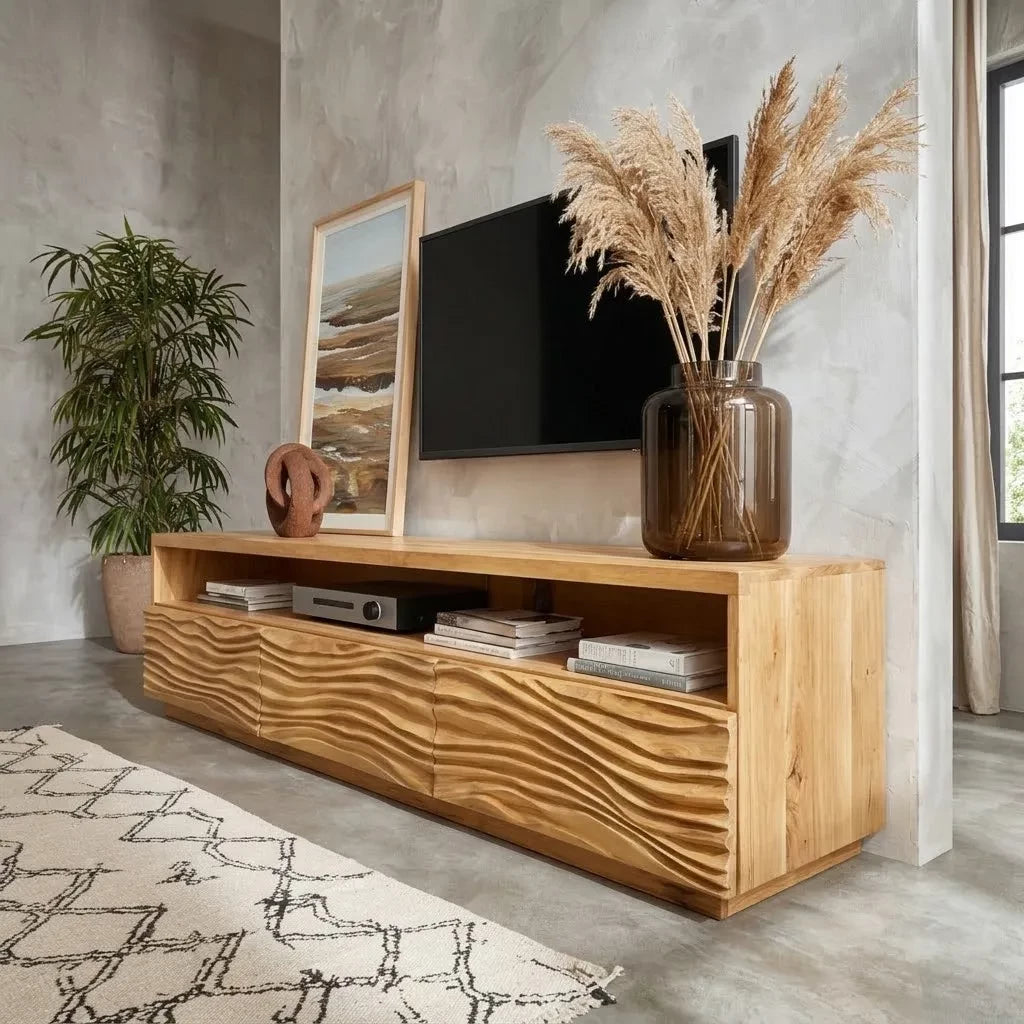 Modern Natural Solid Wood TV Stand with Wave Front Cabinet Design