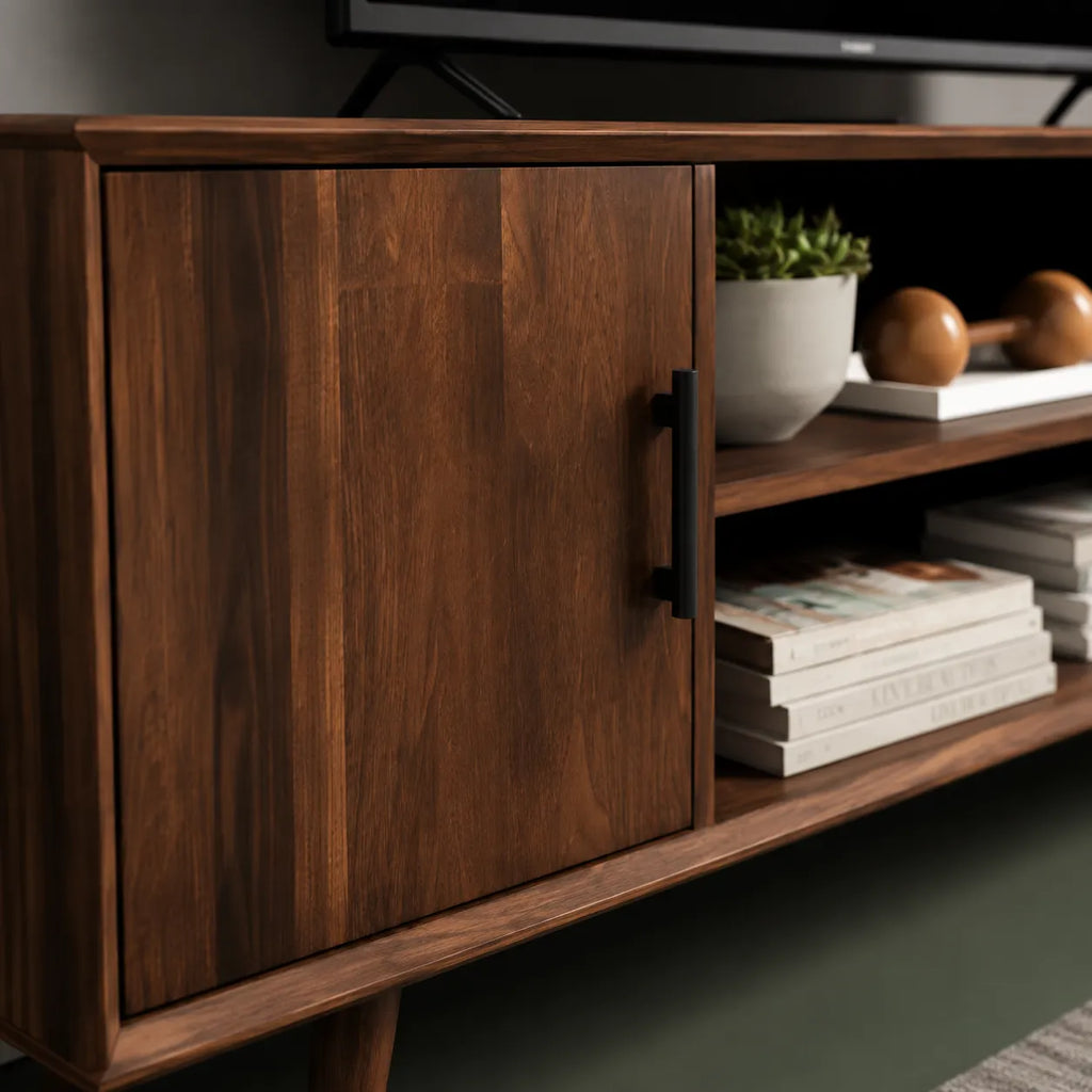 Mid Century Modern TV Stand with Cabinet Storage and Open Shelves