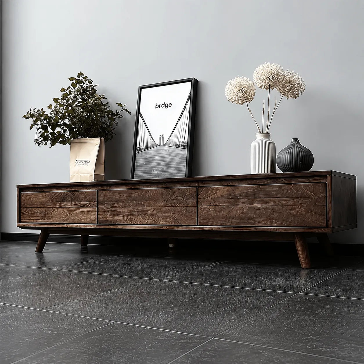 Minimalist Natural Solid Wood TV Stand with Six Drawer Storage Design