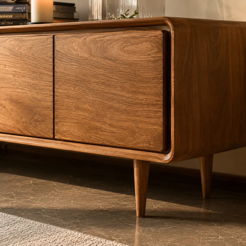 Low Profile Natural Solid Wood TV Stand with Rounded Four Door Storage