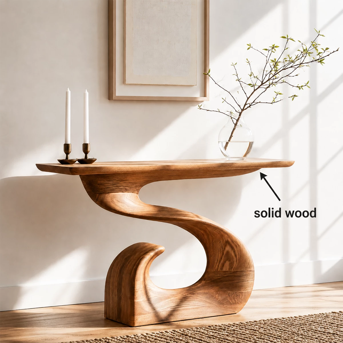 Natural Solid Wood Console Table Sculptural Spiral Wabi Sabi Style