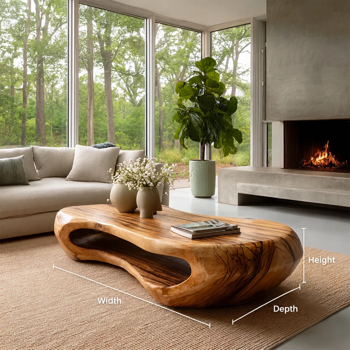 Organic Solid Wood Coffee Table With Rounded Hollow Base And Natural Wood Grain For Modern Living Room