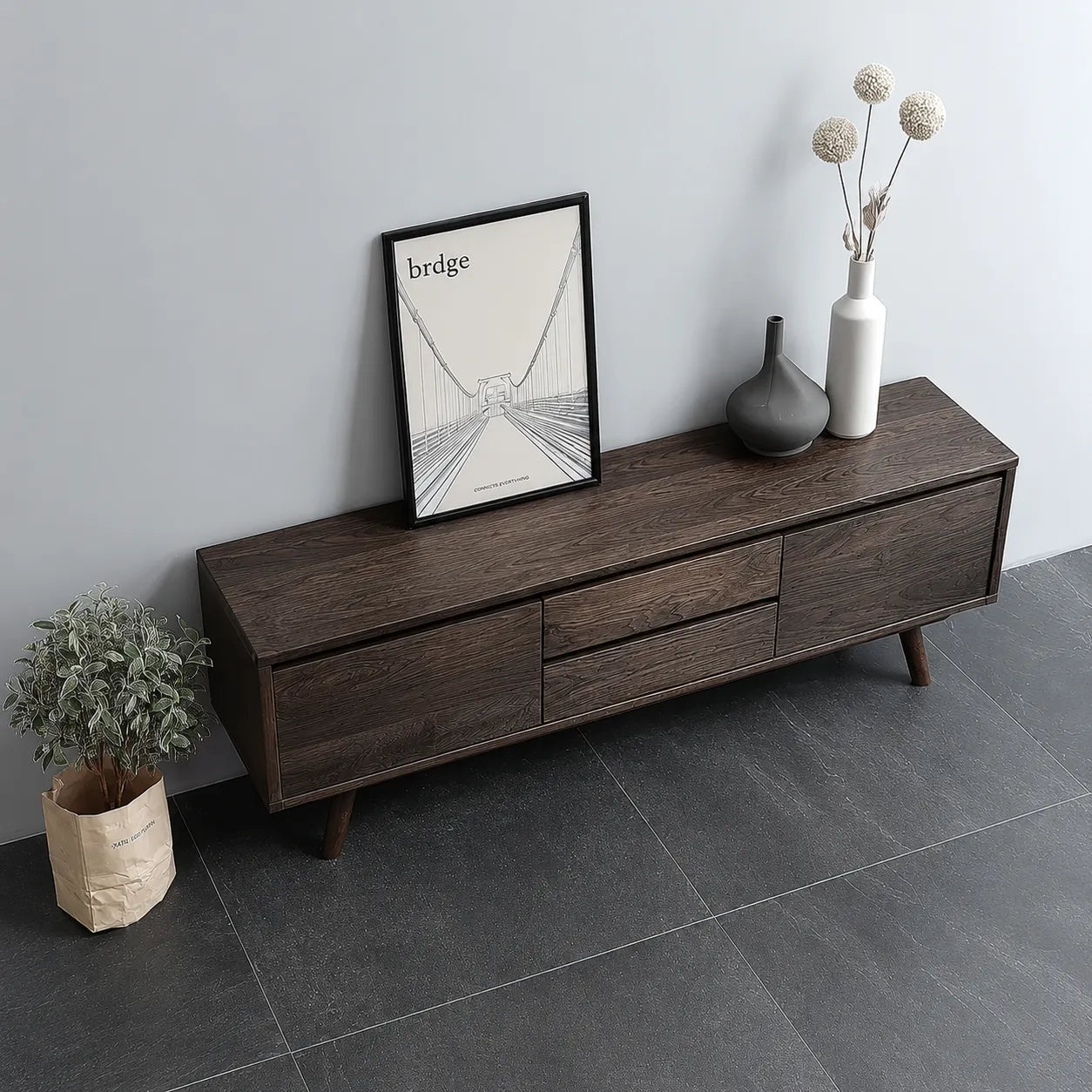 Mid Century Natural Solid Wood TV Stand with Drawer and Cabinet Storage