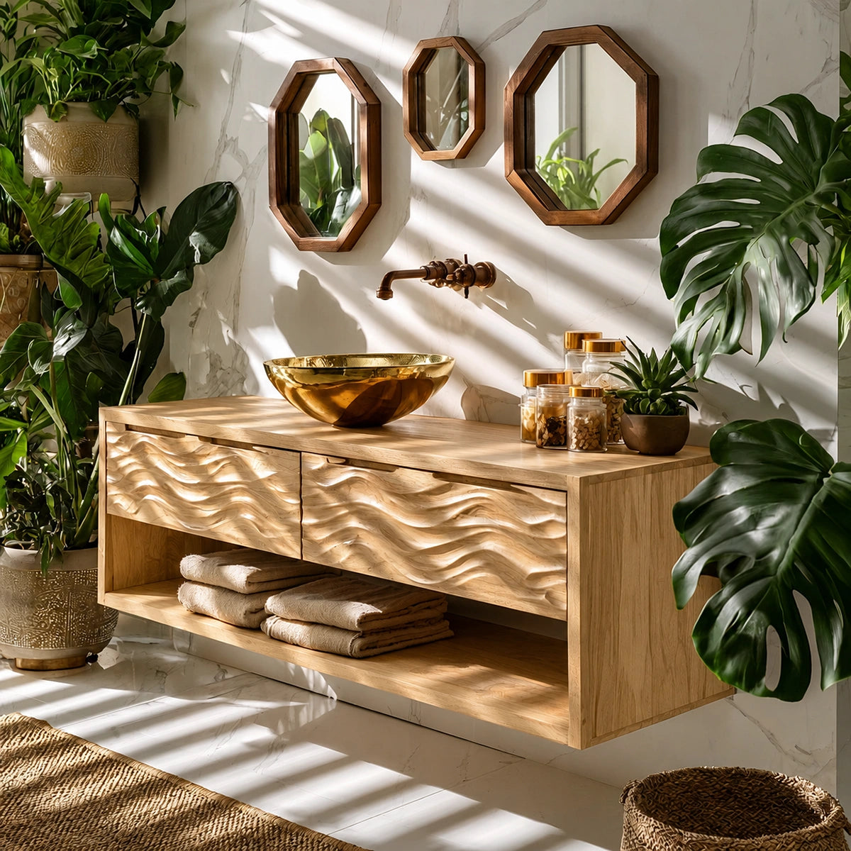 Natural Solid Wood Floating Bathroom Vanity with 2 Drawers and Open Shelf