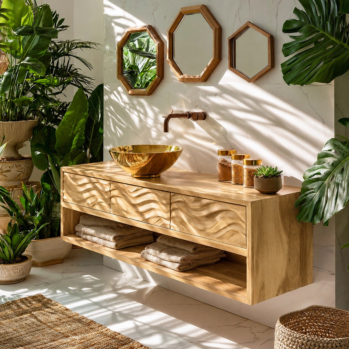 Natural Solid Wood Floating Bathroom Vanity with 3 Drawers and Open Shelf