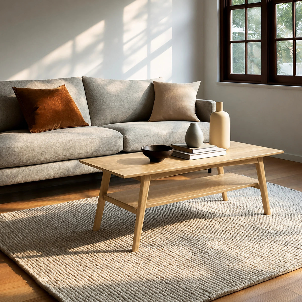 Natural Solid Wood Coffee Table with Lower Shelf and Tapered Legs